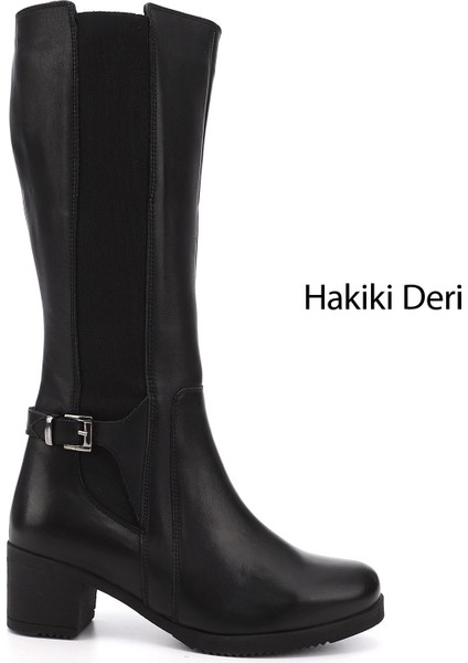 Kadın Siyah Fermuarlı Kalın Topuklu Hakiki Deri Çizme