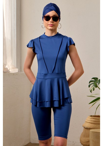 Likralı Kolsuz Yarı Kapalı Mayo Fırfır Detaylı T1024-19 Lacivert