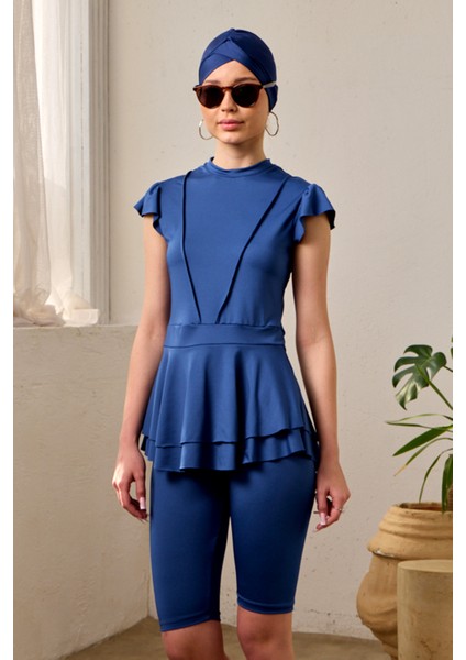 Likralı Kolsuz Yarı Kapalı Mayo Fırfır Detaylı T1024-19 Lacivert fiyatları