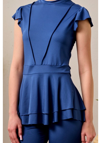 Likralı Kolsuz Yarı Kapalı Mayo Fırfır Detaylı T1024-19 Lacivert modelleri