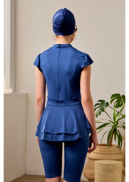 Likralı Kolsuz Yarı Kapalı Mayo Fırfır Detaylı T1024-19 Lacivert fırsatları