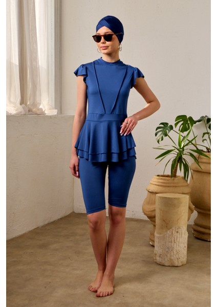 Likralı Kolsuz Yarı Kapalı Mayo Fırfır Detaylı T1024-19 Lacivert indirimleri