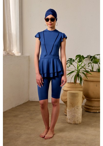 Likralı Kolsuz Yarı Kapalı Mayo Fırfır Detaylı T1024-19 Lacivert