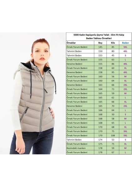 Kadın Ekru Kapüşonlu Şişme Yelek Kapüşon Içi Polar 5000