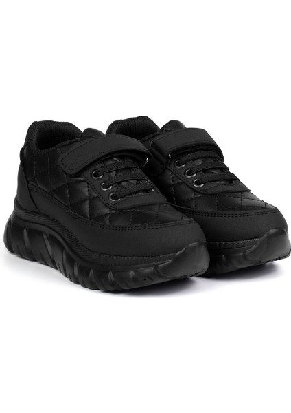 Unisex Çocuk Siyah Bağcıklı Cırtlı Sneaker Rahat Spor Ayakkabı