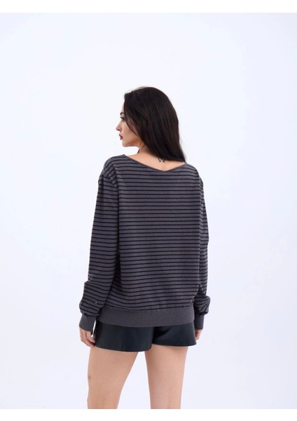 Şık Çizgili Salaş Kazak - Antrasit Siyah indirimleri