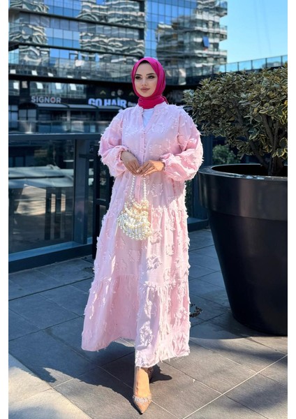 Püskül Detaylı V Yaka Düğmeli Elbise