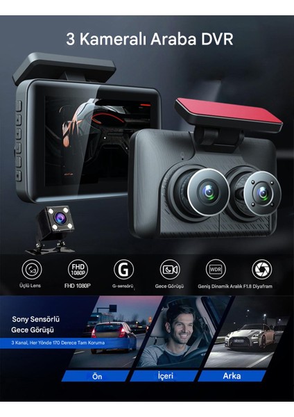 Full Hd Gece Görüşlü Araç Kamerası | 170° Geniş Açı, Otomatik Kayıt, G-Sensör – Y18 modelleri