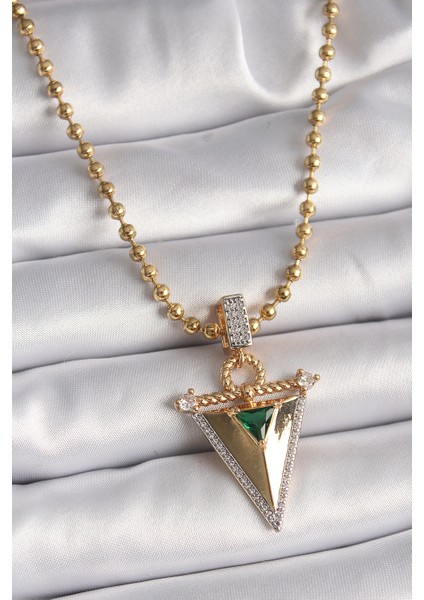 Zirkon Taşlı 3D Üçgen Uclu Topçuk Zincirli Gold Renk Kadın Kolye - BKO9482