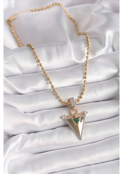 Zirkon Taşlı 3D Üçgen Uclu Topçuk Zincirli Gold Renk Kadın Kolye - BKO9482 fiyatları