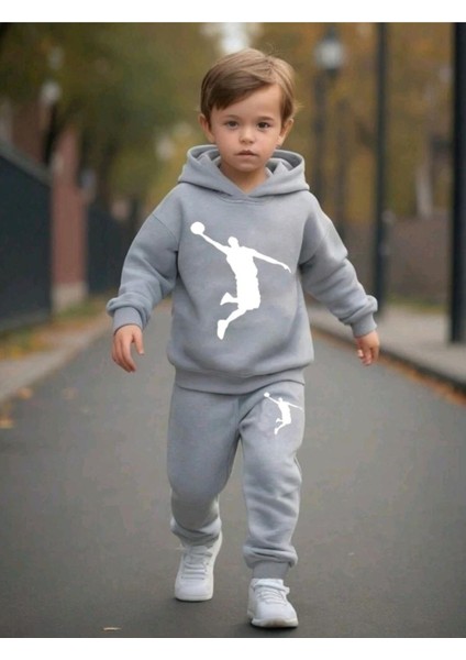 Çocuk Gri Renk Kapüşonlu Uzun Kol Alt Üst Takım