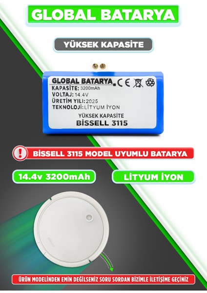 Bissell 3115 Robot Süpürge Bataryası 14.4V 3200MAH Li-Ion Pil (Yüksek Kapasite)