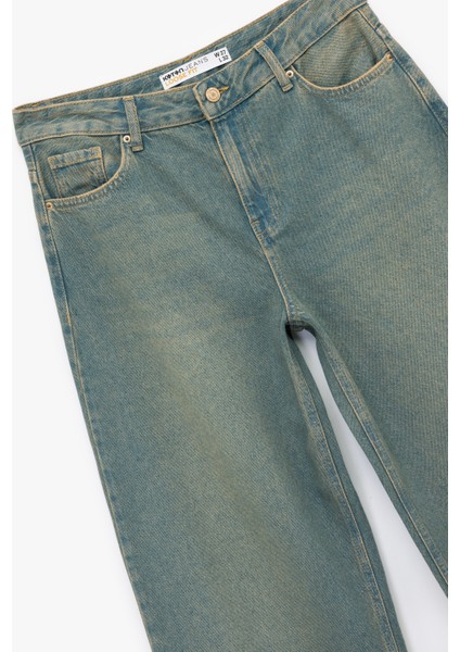 Düşük Bel Düz Paça Pamuklu Straight Yıkamalı Bol Jean Pantolon - Loose Straight Fit Jean