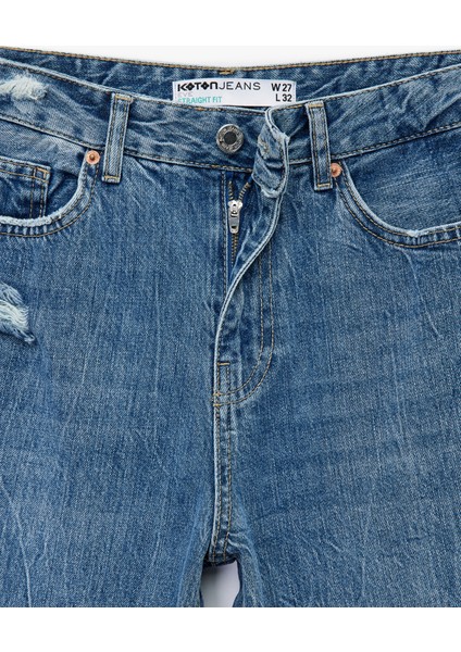 Yıpratılmış Pamuklu Düz Paça Straight Fit Jean Pantolon - Straight Jeans fırsatları