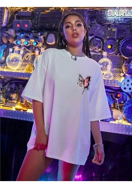 Modern Oversize Baskılı T-Shirt - Beyaz fırsatları