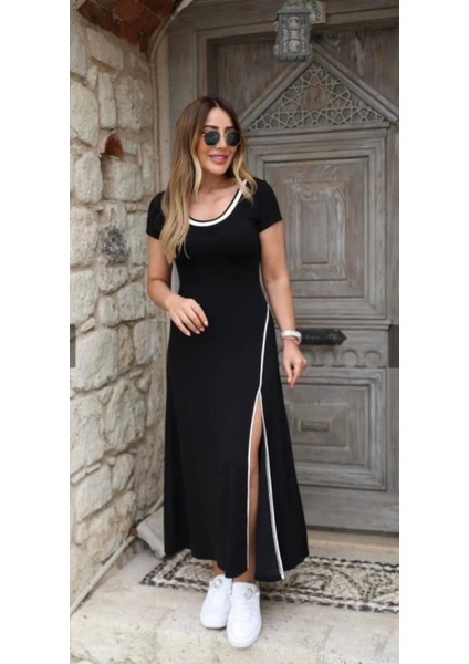 Beyaz Yuvarlak Yaka Viskon Elbise