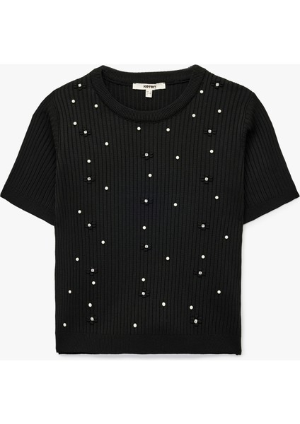 Inci Işlemeli Kısa Kollu Bisiklet Yaka Taşlı Triko Kazak