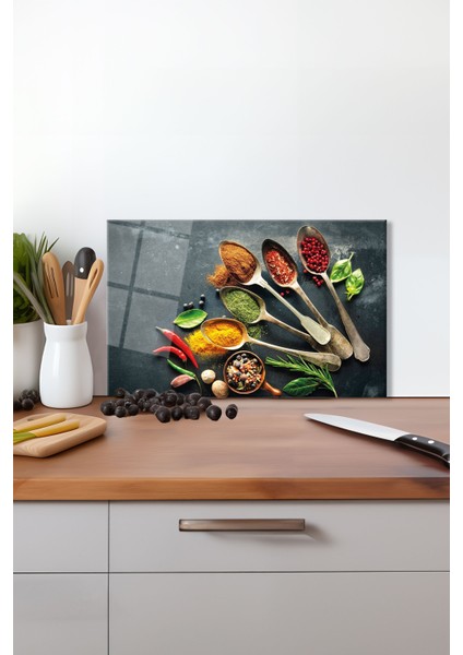 Renkli Baharat Cam Kesme Tahtası, Silikon Ayaklı, Isıya Kırılmaya Dayanıklı, Sunum Kesim Tablası