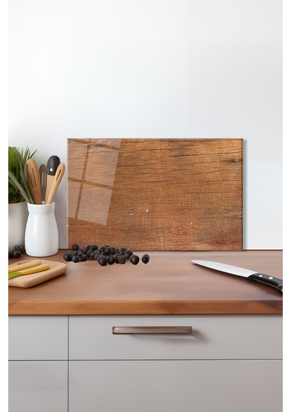 Ahşap Görünümlü Cam Kesme Tahtası, Silikon Ayaklı, Isıya Kırılmaya Dayanıklı, Sunum Kesim Tablası