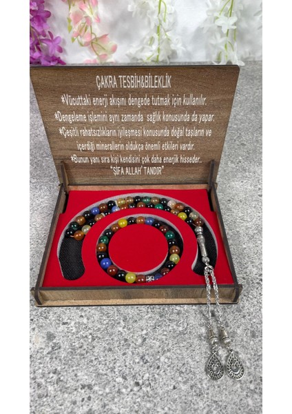 Çakra Taşı Tesbih ve Bileklik Seti – Doğal Taş, Özel Ahşap Kutulu, Hediye Seçeneği