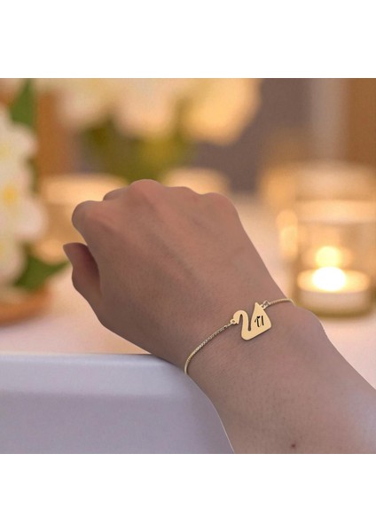 U Harfine Özel Zincirli Kuğu Kuşu Motifli 14 Ayar Altın Plakalı Hediye