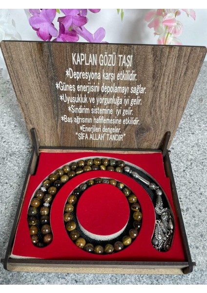 Kaplan Gözü Taşı Tesbih ve Bileklik Seti – Doğal Taş, Özel Ahşap Kutulu, Hediye Seçeneği
