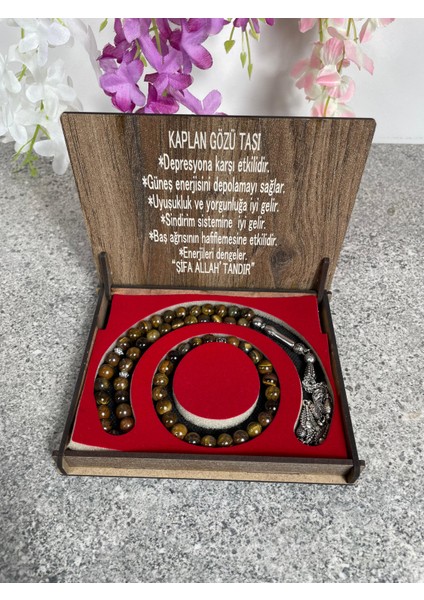 Kaplan Gözü Taşı Tesbih ve Bileklik Seti – Doğal Taş, Özel Ahşap Kutulu, Hediye Seçeneği modelleri