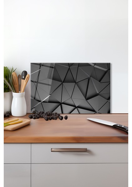 Siyah Geometrik Cam Kesme Tahtası, Silikon Ayaklı, Isıya Kırılmaya Dayanıklı, Sunum Kesim Tablası