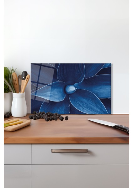 Büyük Mavi Çiçek Cam Kesme Tahtası, Silikon Ayaklı, Isıya Kırılmaya Dayanıklı, Sunum Kesim Tablası