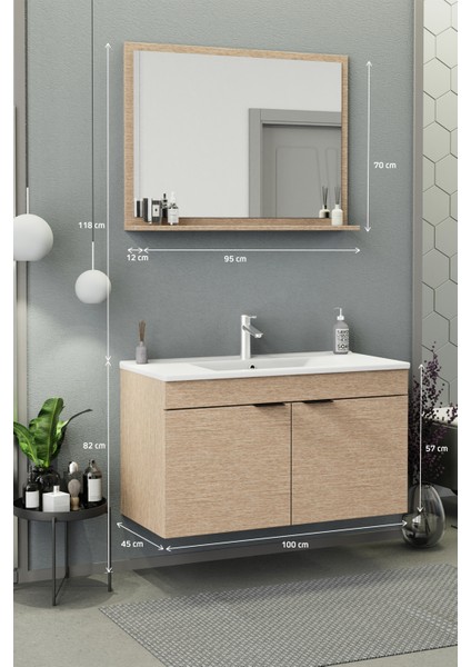 Fix Arya 100 Cm Banyo Dolabı,Seramik Lavabolu, Aynalı,Lavabo Dahil,Mdf,Aybe Bej modelleri