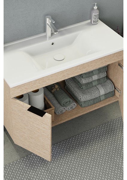 Fix Arya 100 Cm Banyo Dolabı,Seramik Lavabolu, Aynalı,Lavabo Dahil,Mdf,Aybe Bej indirimleri