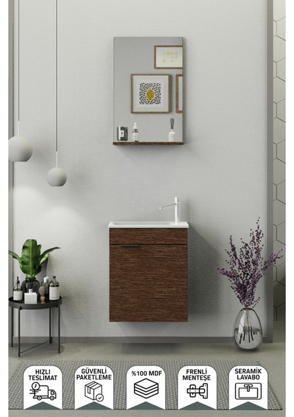 Fix Arya 50 Cm Banyo Dolabı,Seramik Lavabolu, Aynalı,Lavabo Dahil,Mdf,Aybe Kahve
