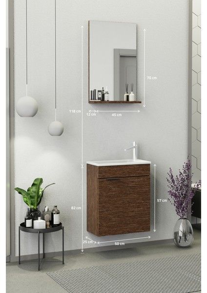 Fix Arya 50 Cm Banyo Dolabı,Seramik Lavabolu, Aynalı,Lavabo Dahil,Mdf,Aybe Kahve fırsatları