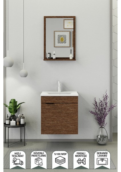 Fix Arya 55 Cm Banyo Dolabı,Seramik Lavabolu, Aynalı,Lavabo Dahil,Mdf,Aybe Kahve