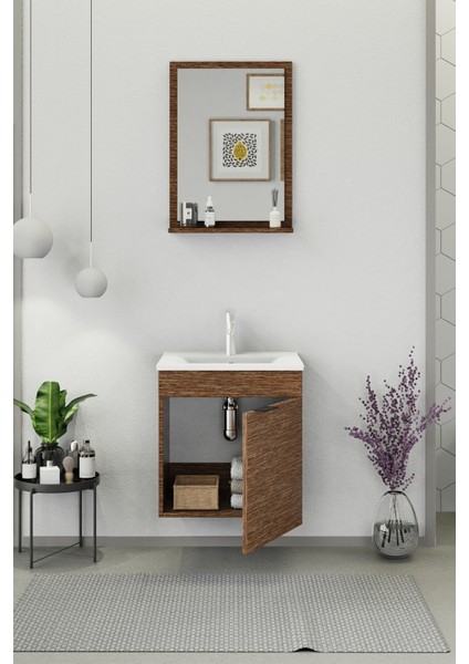 Fix Arya 55 Cm Banyo Dolabı,Seramik Lavabolu, Aynalı,Lavabo Dahil,Mdf,Aybe Kahve fiyatları