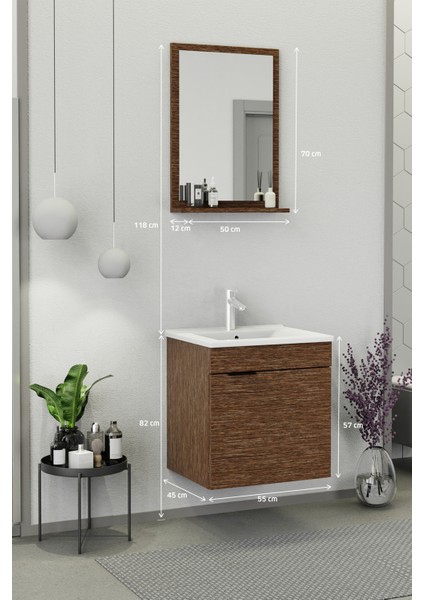 Fix Arya 55 Cm Banyo Dolabı,Seramik Lavabolu, Aynalı,Lavabo Dahil,Mdf,Aybe Kahve modelleri