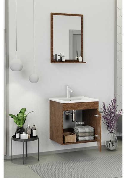 Fix Arya 55 Cm Banyo Dolabı,Seramik Lavabolu, Aynalı,Lavabo Dahil,Mdf,Aybe Kahve fırsatları