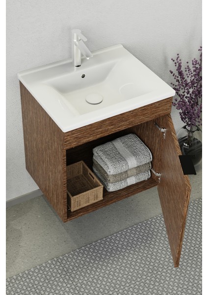 Fix Arya 55 Cm Banyo Dolabı,Seramik Lavabolu, Aynalı,Lavabo Dahil,Mdf,Aybe Kahve indirimleri