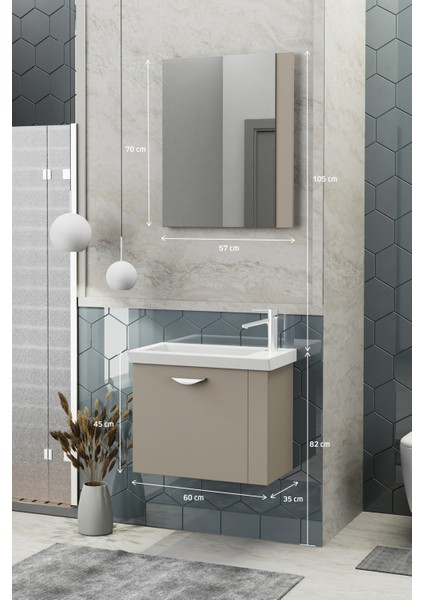 Fix Maxila 60 cm Banyo Dolabı,Seramik Lavabolu, Aynalı,Lavabo Dahil,Mdf,Latte modelleri