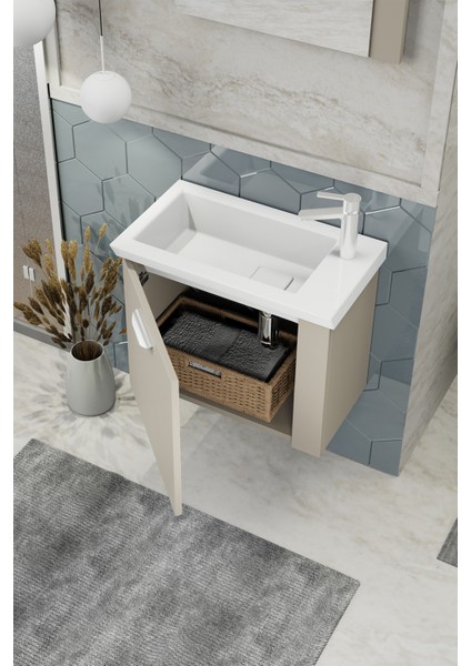 Fix Maxila 60 cm Banyo Dolabı,Seramik Lavabolu, Aynalı,Lavabo Dahil,Mdf,Latte indirimleri
