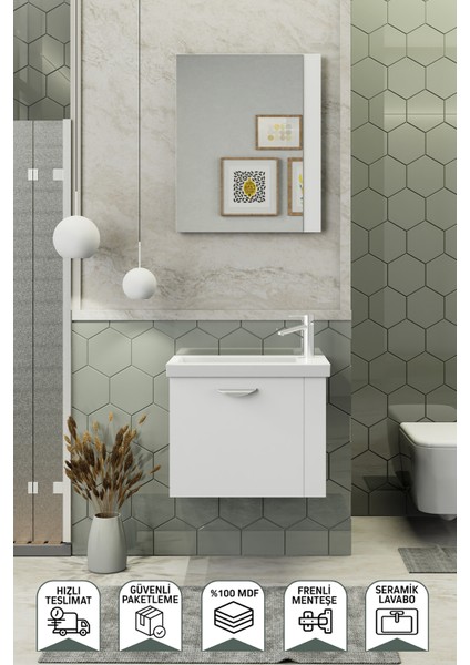 Maxila 60 cm Banyo Dolabı,Seramik Lavabolu, Aynalı,Lavabo Dahil,Mdf,Beyaz