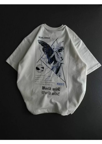 Bisiklet Desenli Oversize T-Shirt - Beyaz