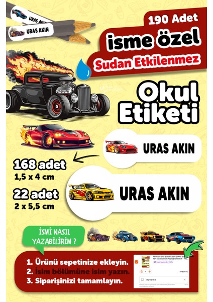Okul Etiketi Kalem Defter Isimli Etiket Isim Yazılabilen Hot Wheels - 190 Adet Özel Tasarım Etiket