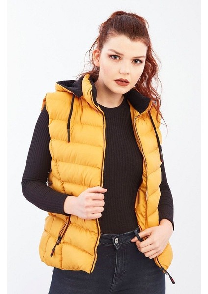 Kadın Hardal Kapüşonlu Şişme Yelek Kapüşon Içi Polar 5000