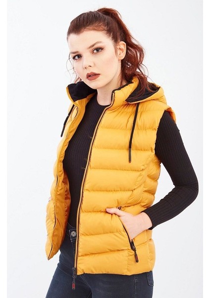 Kadın Hardal Kapüşonlu Şişme Yelek Kapüşon Içi Polar 5000 modelleri