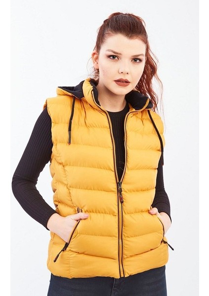 Kadın Hardal Kapüşonlu Şişme Yelek Kapüşon Içi Polar 5000 fırsatları