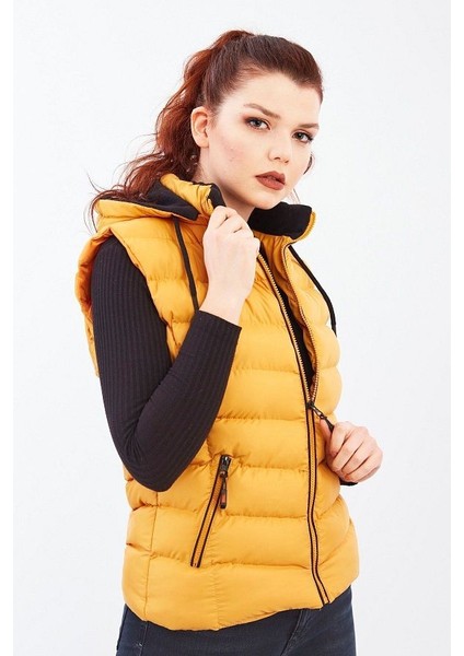 Kadın Hardal Kapüşonlu Şişme Yelek Kapüşon Içi Polar 5000