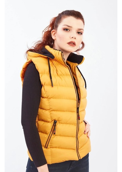 Kadın Hardal Kapüşonlu Şişme Yelek Kapüşon Içi Polar 5000