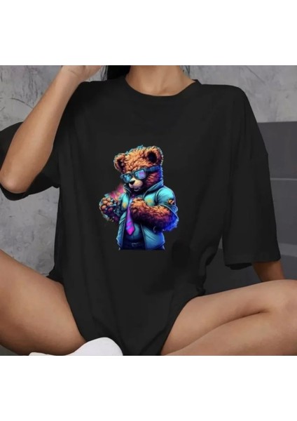 Baskılı Oversize Bisiklet Yaka T-Shirt - Siyah