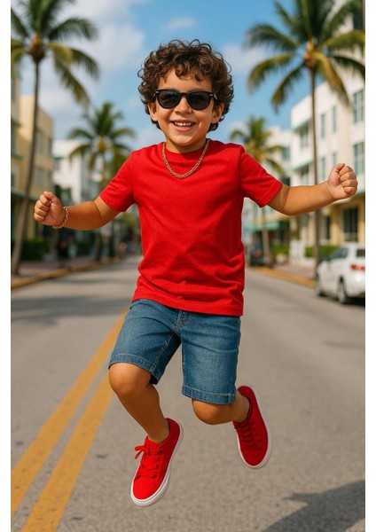 Kırmızı Çocuk T-Shirt Kız Erkek Unisex | %100 Pamuk |